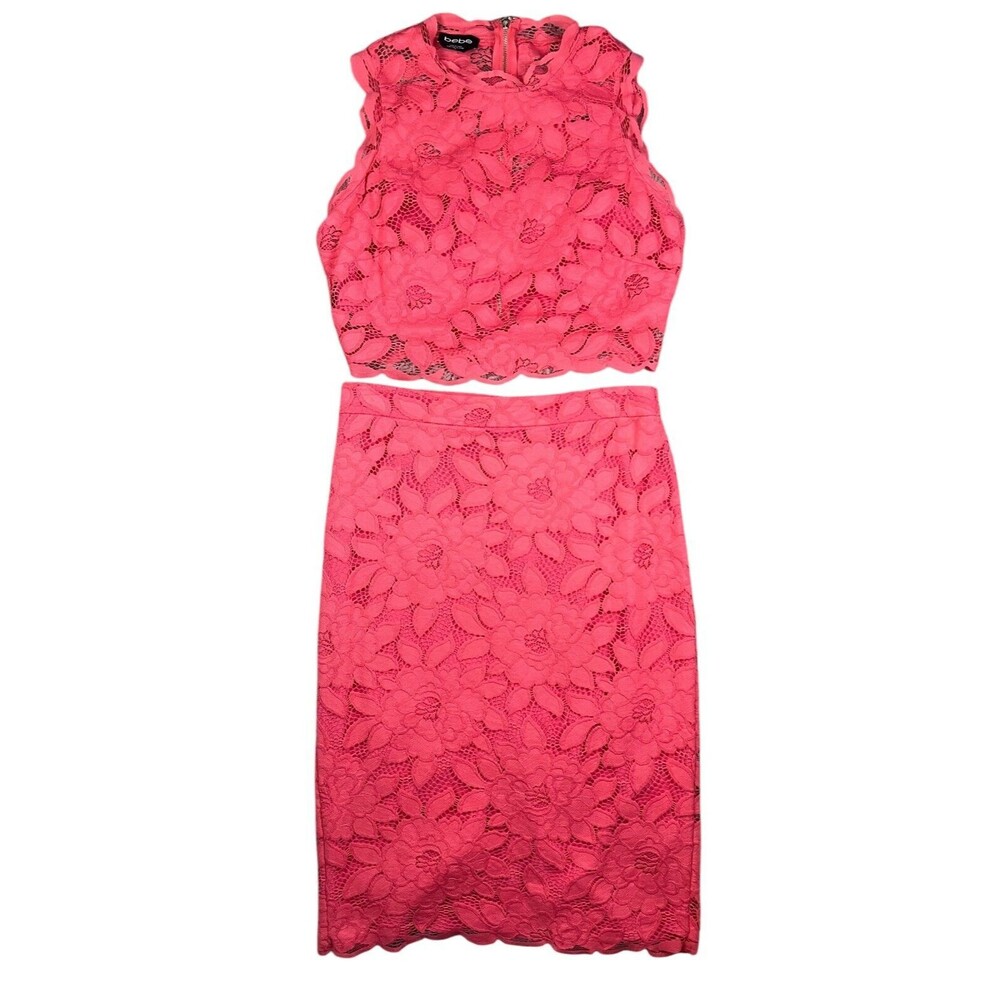 Bebe Skirt Pink Lace Crop Top Size 10 & Midi Pencil Skirt Size 8  Set  Barbie